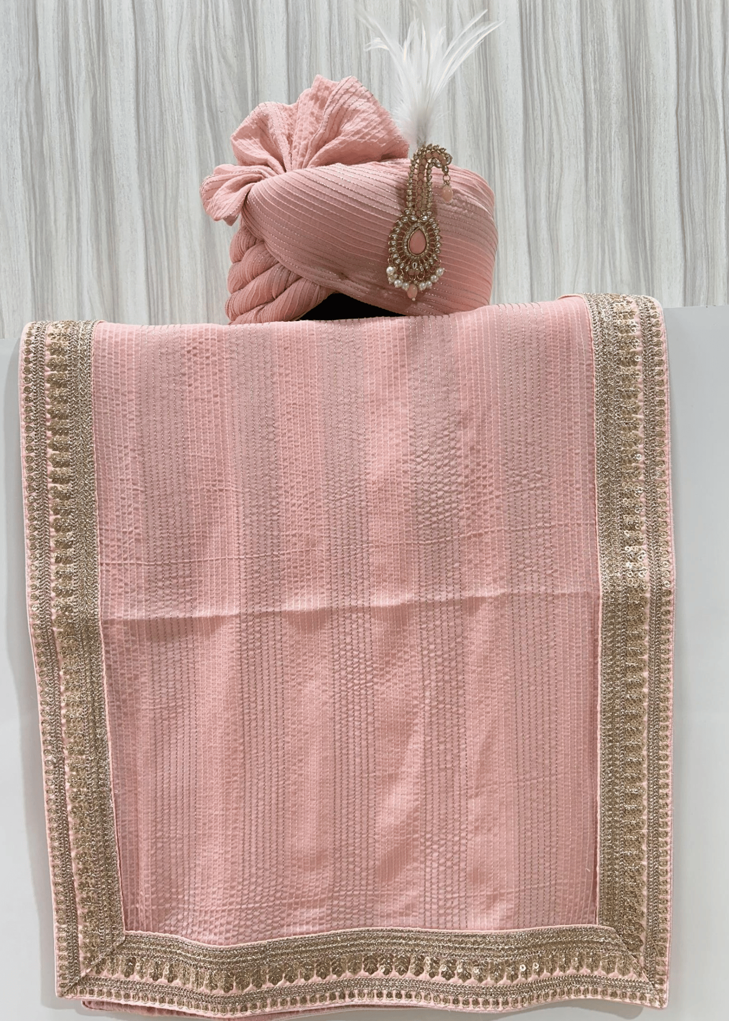 LIGHT PEACH LINING SAFA DUPATTA SET (HANDSTICHED PATTERN)