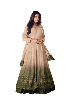 Designer Anarkali Gown Dress. Beige To Purple Ombre, Embroided Floor Length Dress With Long Sleeves And Beautiful Dupatta, FREE SIZE