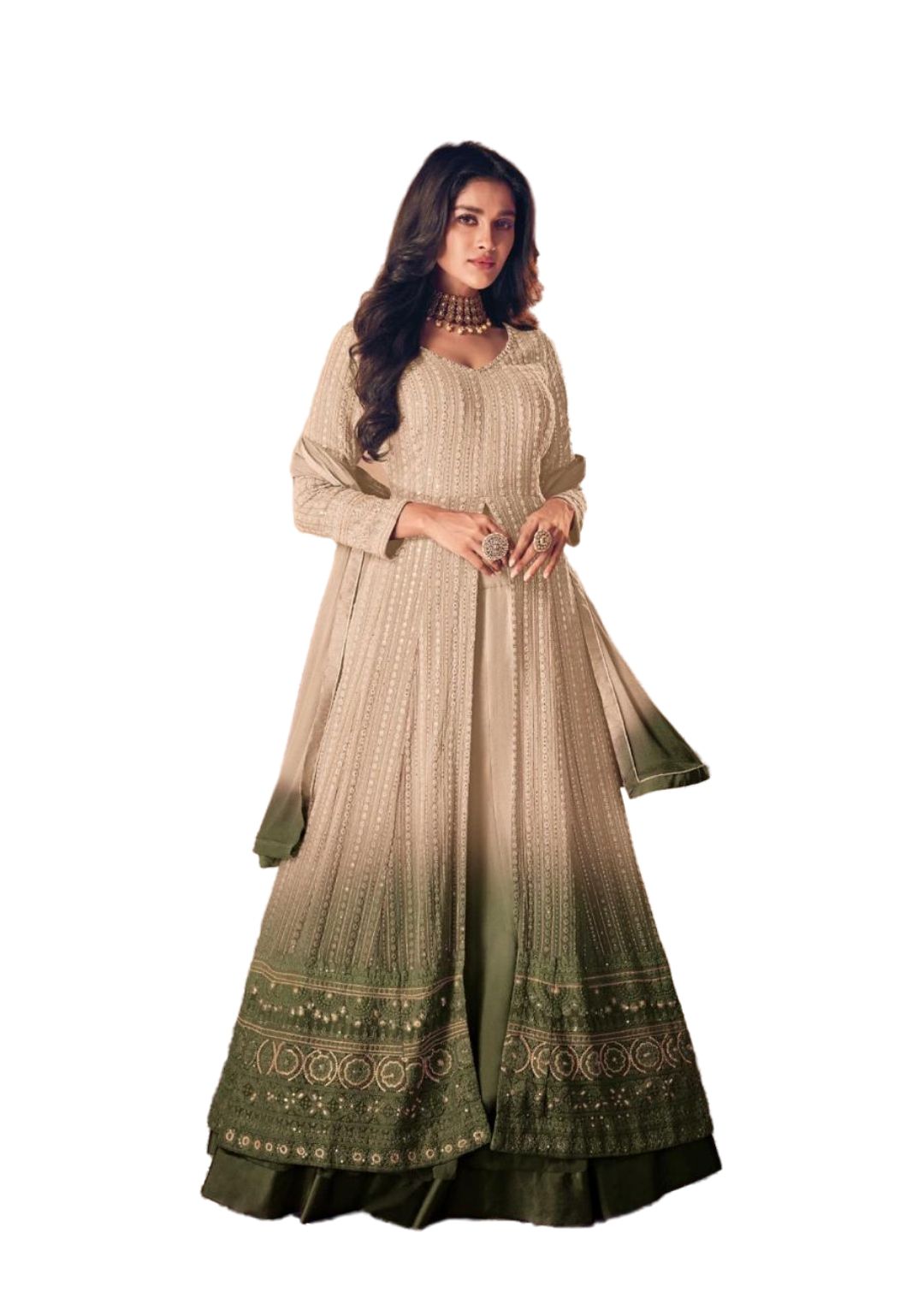 Designer Anarkali Gown Dress. Beige To Purple Ombre, Embroided Floor Length Dress With Long Sleeves And Beautiful Dupatta, FREE SIZE