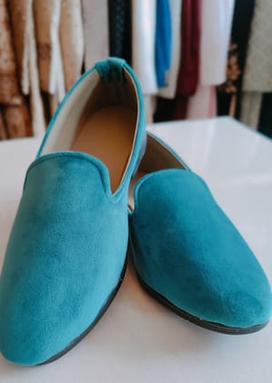 Teal Blue Solid Velvet Loafers for Mens-7