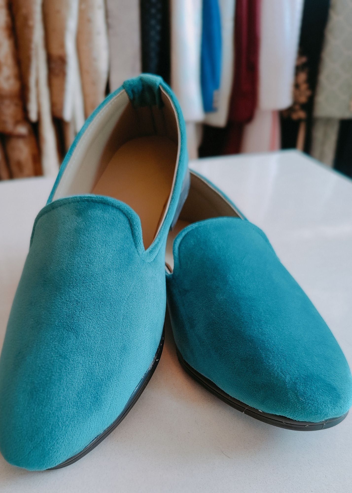 Teal Blue Solid Velvet Loafers for Mens-7