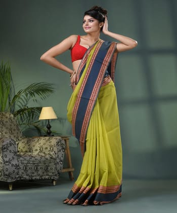 Lime green blue handloom bengal cotton saree
