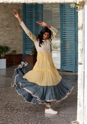 Yellow & Grey Mulmul Dress-S