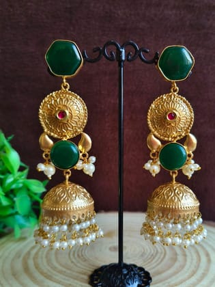 18K Gold Plated Long Jhumka with Monalisa Stone and Pearl | Sarichka-Green+Red