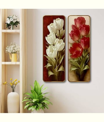SAF Red & White Tulip Set of 2 Vertical MDF Wall Panels | Premium Sparkle Lamination Finish | Elegant Floral Art Wall Décor for Living Room & Bedroom
