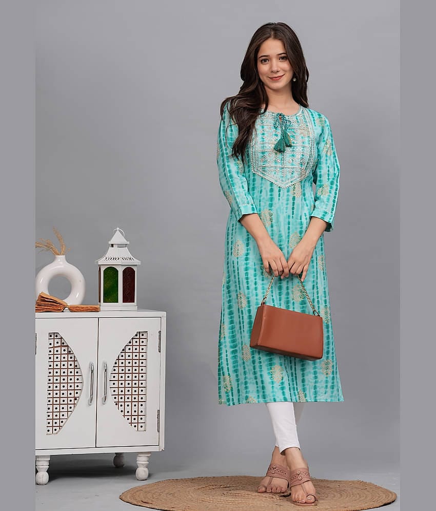Kapadia Pack of 1 Rayon Embroidered Straight Women's Kurti - ( Turquoise )