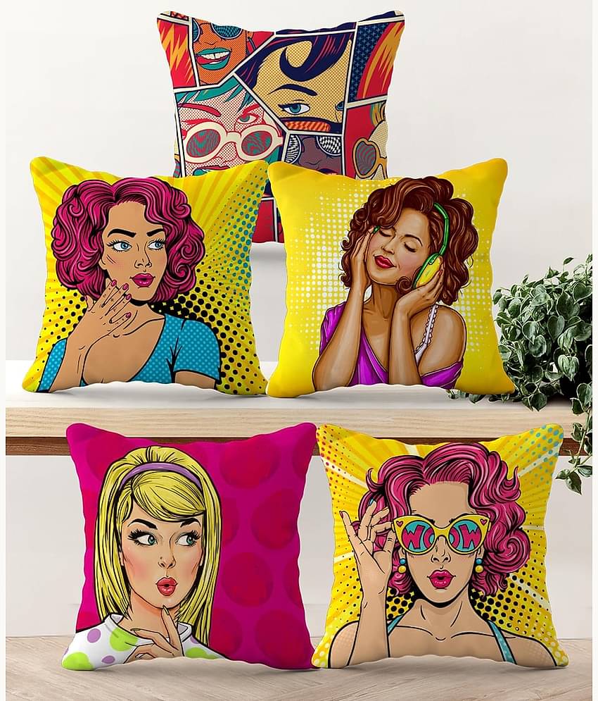 Crosmo Set of 5 Satin Graphic Square Cushion Cover (40X40)cm - Multicolor
