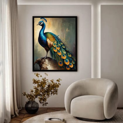 Luminary Regal Plumage – Majestic Peacock Portrait Museum-Quality Cotton Canvas Art for Elegant Living Room Décor | Frame Size (69 X 97 Cm) | Frame Type (Black) | 5-Year Warranty