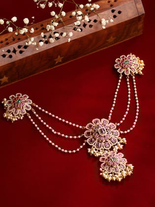 Floral Pink Stoned Pearl Layered Gold Plated Hair Accessories Floral Pink Stoned Pearl Layered Gold Plated Hair Accessories - Gold / OneSize / Brass