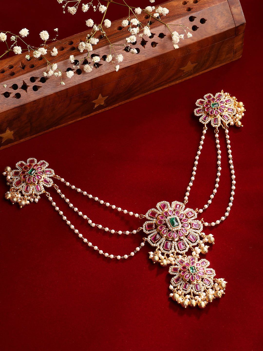 Floral Pink Stoned Pearl Layered Gold Plated Hair Accessories Floral Pink Stoned Pearl Layered Gold Plated Hair Accessories - Gold / OneSize / Brass