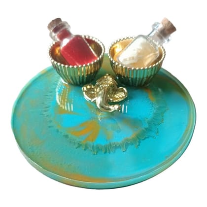 ART2ARTIST Handmade Tilak Platter | Pooja Tilak Thali | Roli Chawal Plate for Wedding Gift, Rakhsha Bhandhan, Bhai Dooj Decorative Platter Set for Laxmi/Ganesh Pooja (Light-Blue) 4 Inch