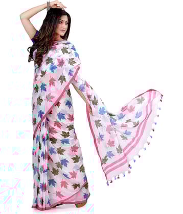 Desh Bidesh Silk Blend Printed Saree Without Blouse Piece ( White )