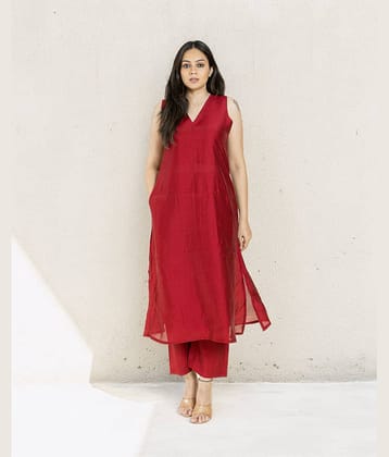 Royal Export Women Chanderi Solid Straight Kurti With Pants ( Brown )