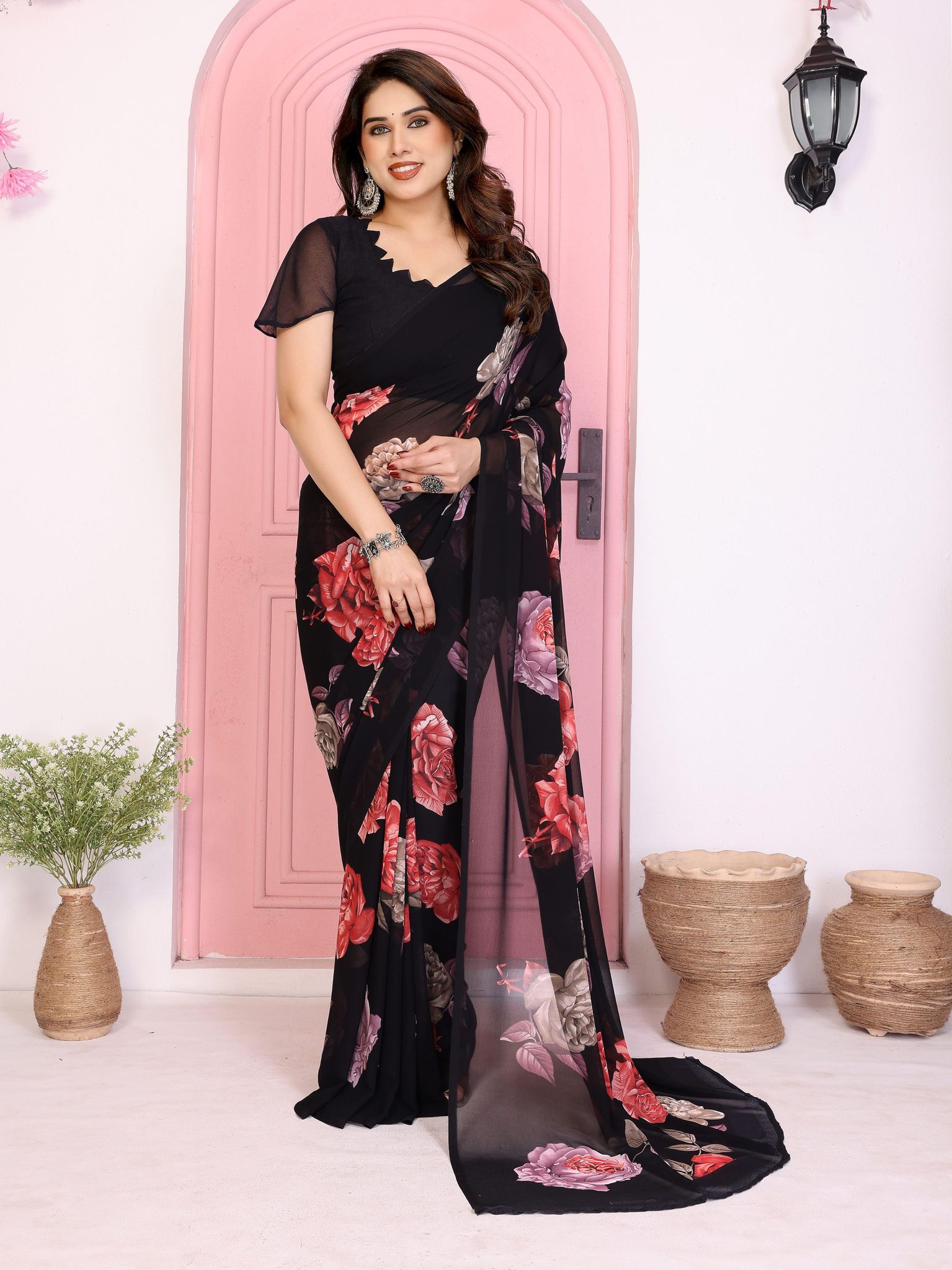 Women Floral Printed Georgette Saree with Blouse Piece
