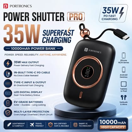 Portronics Power Shutter Pro 35W 10000mAh Super Fast Charging Power Bank with Built-in Type-C PD Cable, 35W Type-C Input/Output, LED Display, EV-Grade Battery, Fast Charging for iPhone, Android, iPad, Tablets & USB-C Devices (Random Color) Portronics Power Shutter Pro 35W 10000mAh Super Fast Charging Power Bank with Built-in Type-C PD Cable, 35W Type-C Input/Output, LED Display, EV-Grade Battery, Fast Charging for iPhone, Android, iPad, Tablets & USB-C Devices (Random Color)