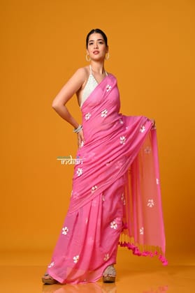 Param Sundari ~ Pure Mul Cotton Handloom Saree with Beautiful Floral Handpaint ~ Feather Pink