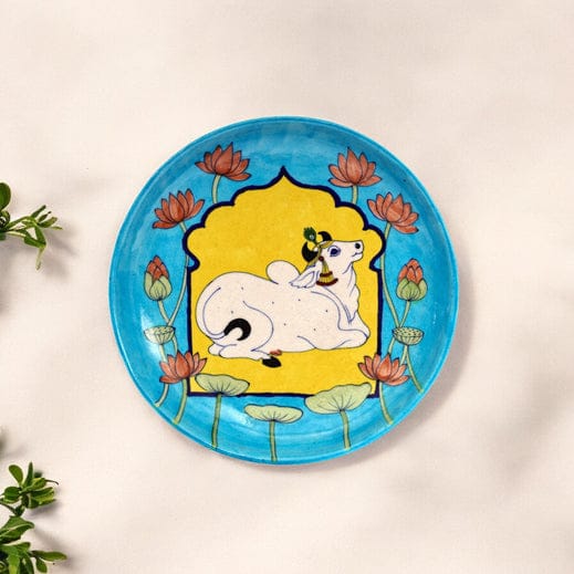 Nandi-Bull Inspired Handcrafted Blue Pottery Decorative Plate