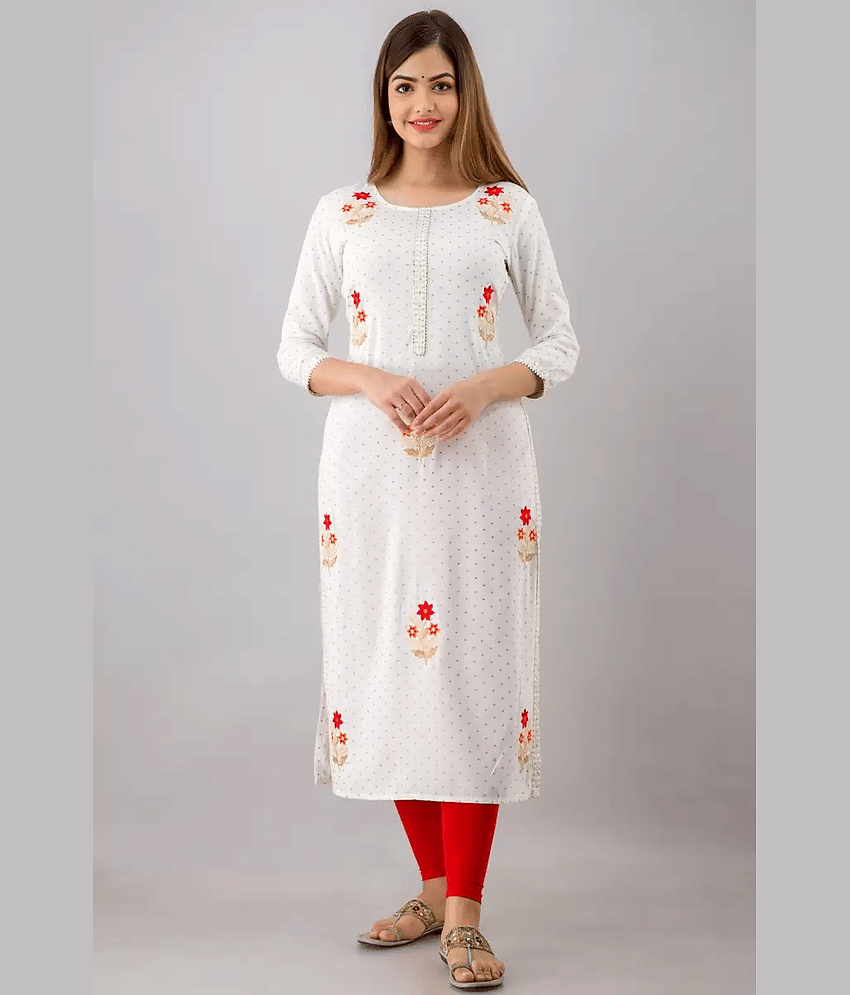 JFT JAIPUR FABTEX - White Rayon Women's Straight Kurti ( Pack of 1 )