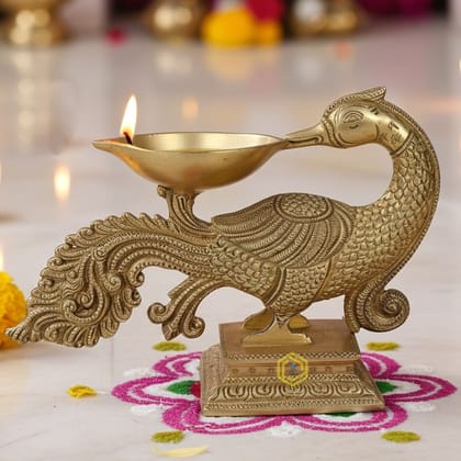 Brass Peacock Diya Jyoti Deepak Oil Lamp 1 Wicks  - Decorative Brass Deepak for Worship, Height : 5 Inch (BSMAS1183 A)