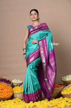 Rajsi~ Traditional Handloom Pure Silk Gadwal Sky Blue with Contrast Silver Border with Temple Zari