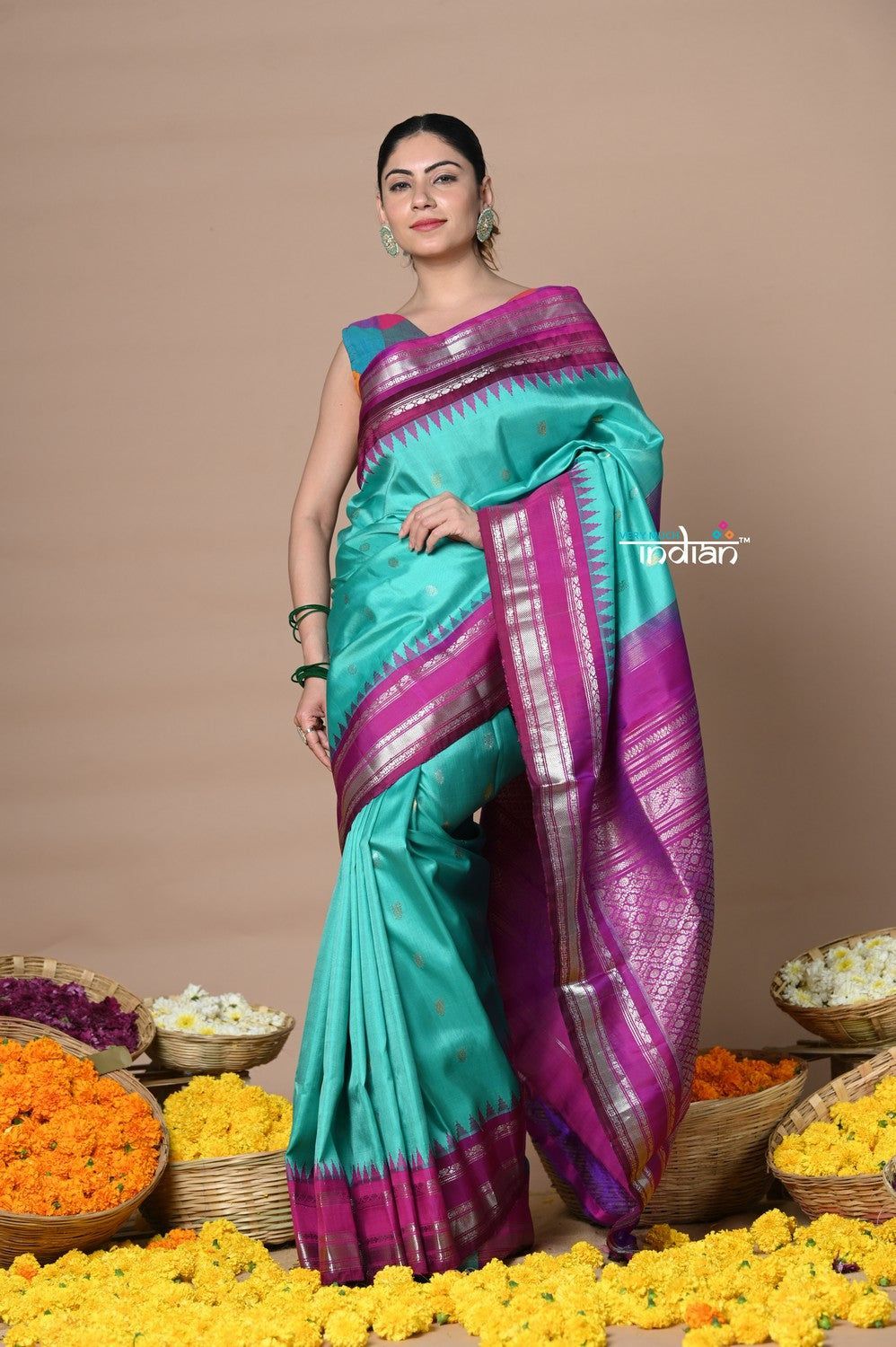 Rajsi~ Traditional Handloom Pure Silk Gadwal Sky Blue with Contrast Silver Border with Temple Zari