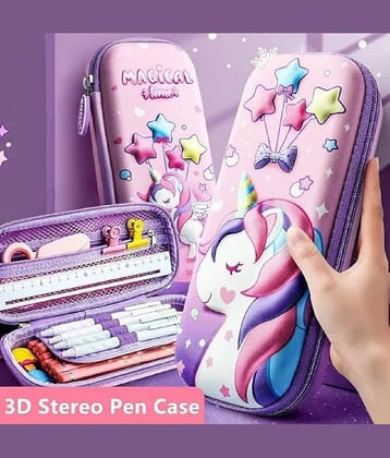 DENFE 3D Unicorn Cover Large Capacity Pencil Case Compass With Compartments, School Supply Organizer For Students, Stationery Box, Cosmetic Zip Pouch Bag (1 Unit, Canvas, Multicolor)