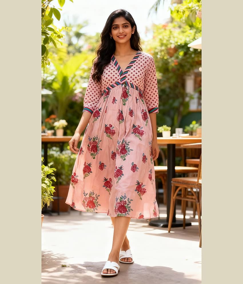 ETZIN Women Viscose Rayon Printed A-line Kurti ( Pink )