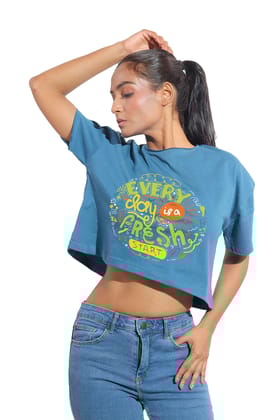 Kinnko Premium Cotton Womens Blue Printed Crop T-Shirt