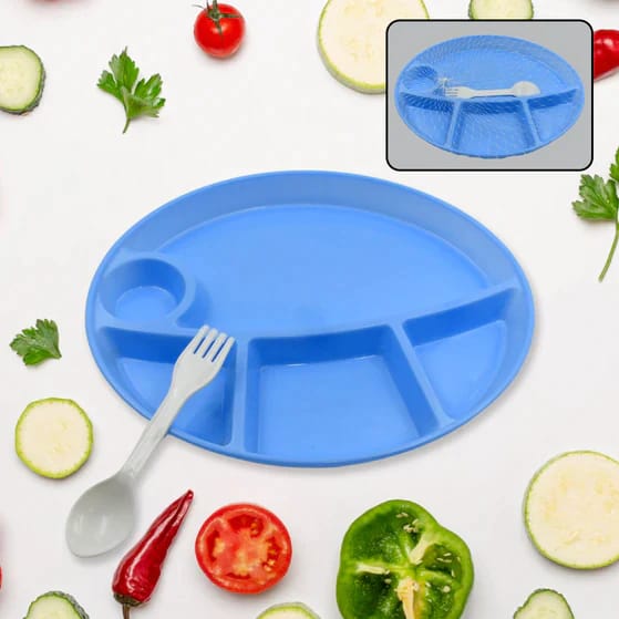 PLASTIC FOOD PLATES / BIODEGRADABLE 5 COMPARTMENT PLATE WITH SPOON FOR FOOD SNACKS / NUTS / DESSERTS PLATES FOR KIDS, REUSABLE PLATES FOR OUTDOOR, CAMPING, BPA-FREE (1 PC)