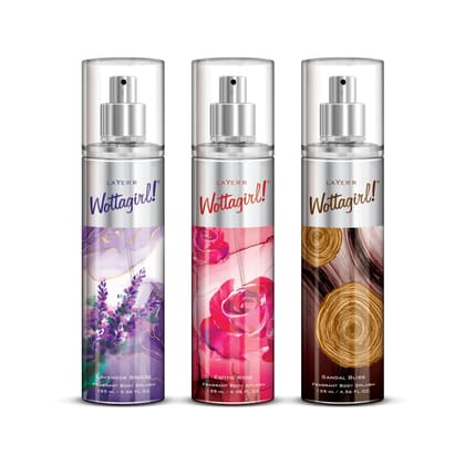 Layer'r Wottagirl Lavender Breeze, Exotic Rose, Sandal Bliss Liquid Body Splash Long Lasting Fragrance Combo Pack Of 3 (For Women 135Ml Each)