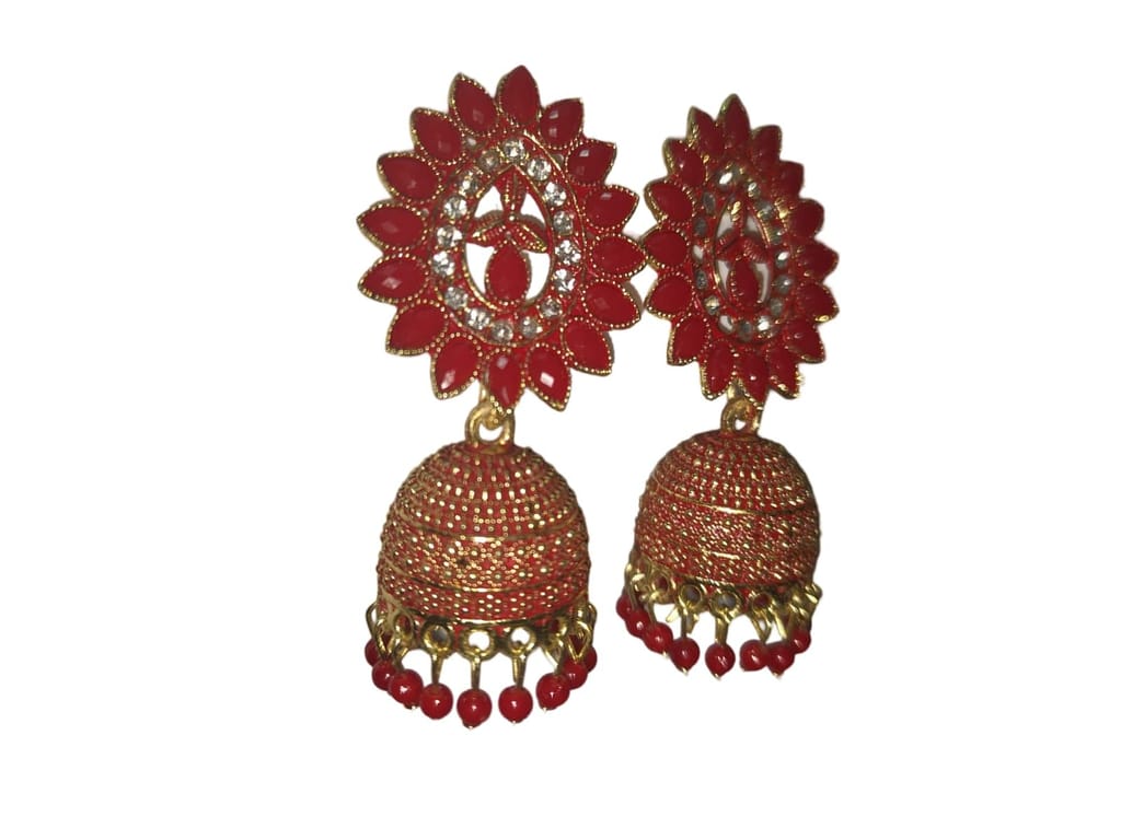 Red and gold jhumka earrings with intricate detailing