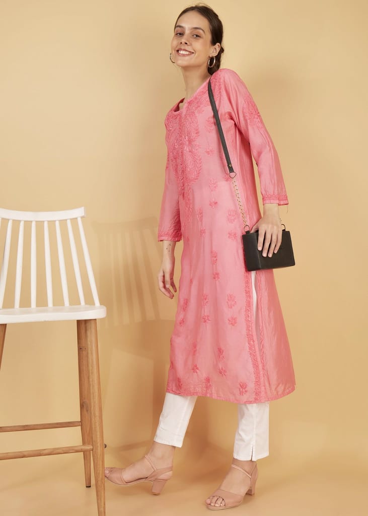 Chanderi Silk Hand Embroidered Long Pink Festive Kurta