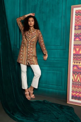 Beige viscose geometric digital print kurti with yoke-M