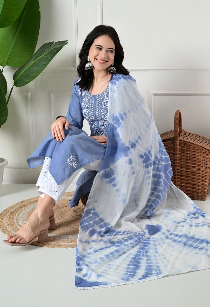 "Hand Embroidered Chikankari & Cut Dana Work Denim Cotton Kurta Set with Tie-Dye Dupatta "