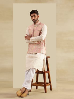Men's Cotton Silk Cream Kurta & White Pyjama With Jacquard Silk Pink Nehru Jacket-36
