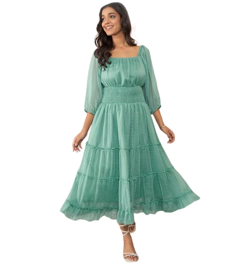 Women's Chiffon Solid Puff Sleeve Dress (Green, S)-PID65379