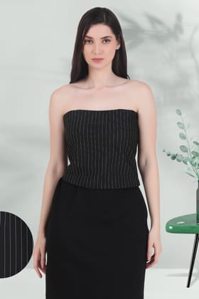 Strapless Cropped Stretch Top, Pinstripe Black-XS