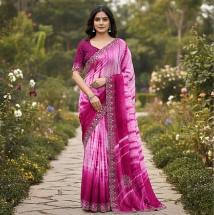 Generic Women's Georgette Striped Saree with Unstitched Blouse Piece, Soft Lightweight 5.5 m Sari for Daily, Office and Casual Wear (Pink, Design 67614)
