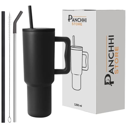 Panchhi Store 1200ML Stainless Steel Tumbler with Straw Hot and Cold Sipper with Handle and Lid Straw Double Insulated Sipper for Hot and Cold Drink Leakproof Tumbler for Gym, Traveling, Car Black