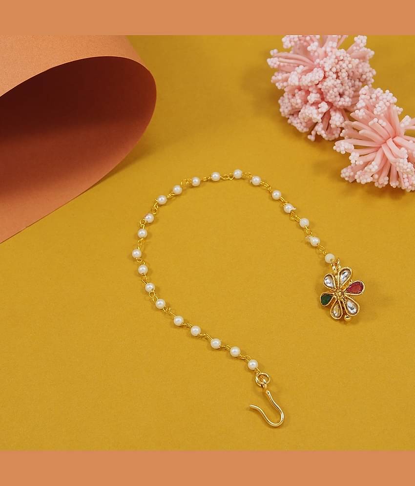 Golden Kundan Nose Pin with Chain Clip On Nose Ring Small Nath Kundan