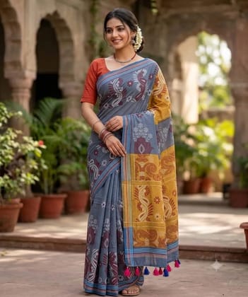 Stylish cotton printed khadi pompom saree