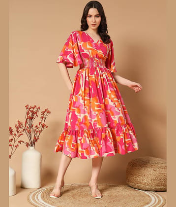 ZWERLON Women Crepe Printed Fit & Flare Dress ( Red )