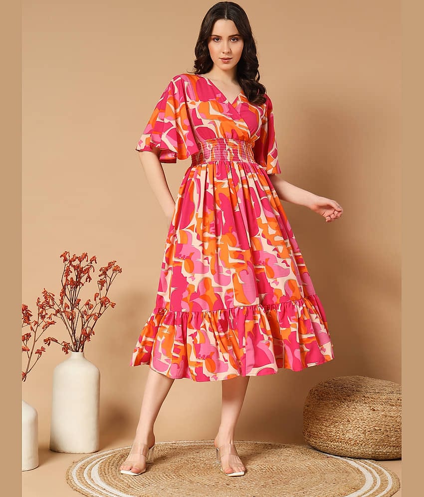 ZWERLON Women Crepe Printed Fit & Flare Dress ( Red )
