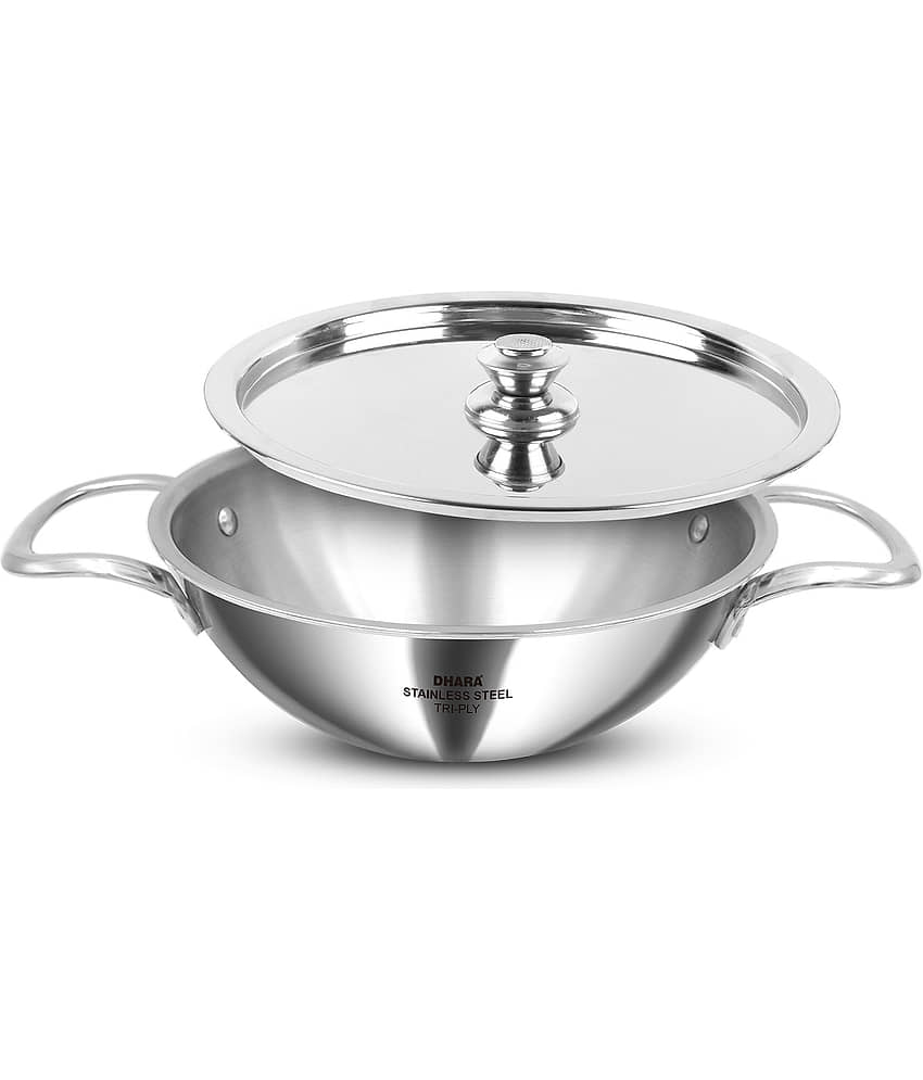 Dhara Stainless Steel Triply Non coated Stainless Steel Kadhai Induction Bottom Stainless Steel Handle 2.5 Thickness mm 20 cm Diameter ( 1.5 L )