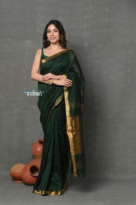 Tyohaar ~ ! High Quality Pure Mul Cotton Handloom Saree - Dark Green