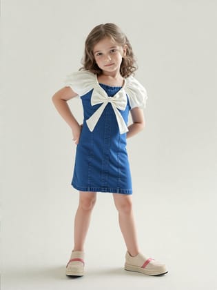 Girls Dark Denim Dress [GD-7486] (4-12 Years)-7-8Y (Size - 30) / Denim / White