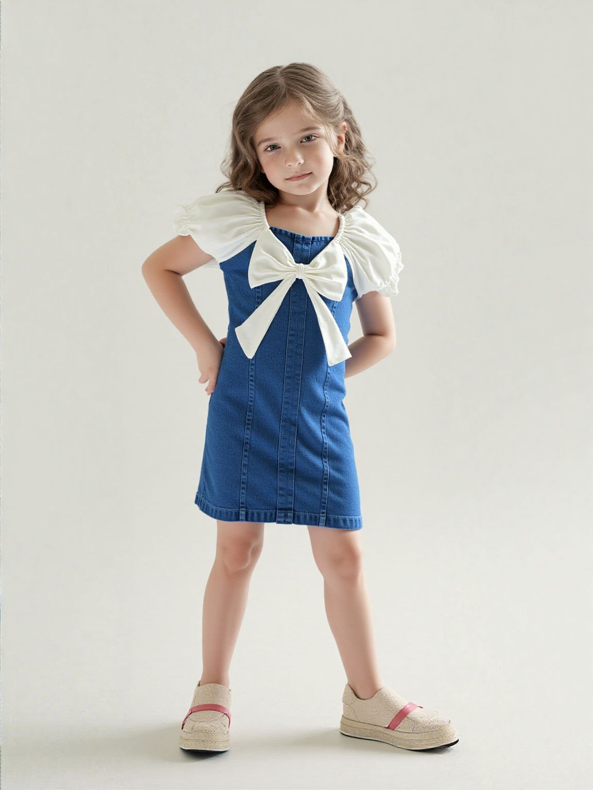 Girls Dark Denim Dress [GD-7486] (4-12 Years)-7-8Y (Size - 30) / Denim / White