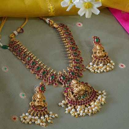 18KT Gold Plated Brass Temple Laxmi Necklace Set with Dangler Earrings