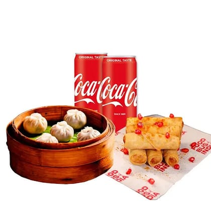 Steamed Veg Momos + Mixed Veg Spring Roll + 2 Coke Can