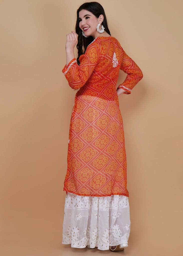Handcrafted Kota Chikankari Straight Kurta - Orange